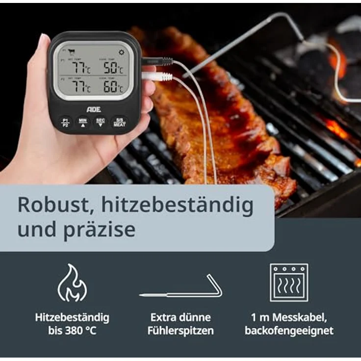 ADE Bratenthermometer, digitales Fleischthermometer mit 2 Messfühlern, bis 250 °C, inkl. Batterien und Schutzkappen – Bild 5