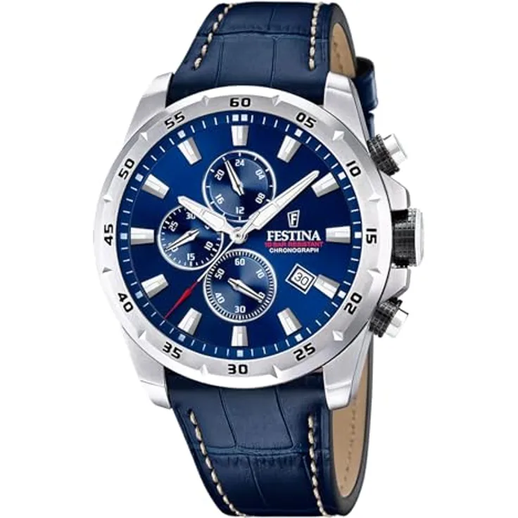 Festina Herrenuhr Chronograph Dunkelblau F20692/2, Lederarmband, Edelstahlgehäuse, Mineralglas
