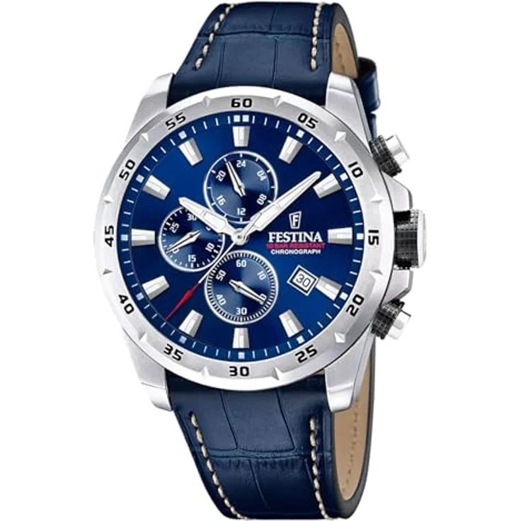 Festina Herrenuhr Chronograph Dunkelblau F20692/2, Lederarmband, Edelstahlgehäuse, Mineralglas – Bild 1