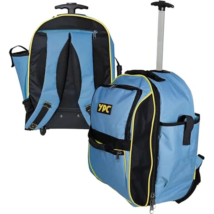 YPC Juggernaut Trolley Rucksack – 54x36x25cm, 50-55 Liter, Werkzeugrucksack XXL, wasserfest, Leichtlaufrollen, stabiler Teleskopgriff, Tragegriff, Schultergurt, Brustriemen, 15kg Tragkraft, Blau/Gelb…