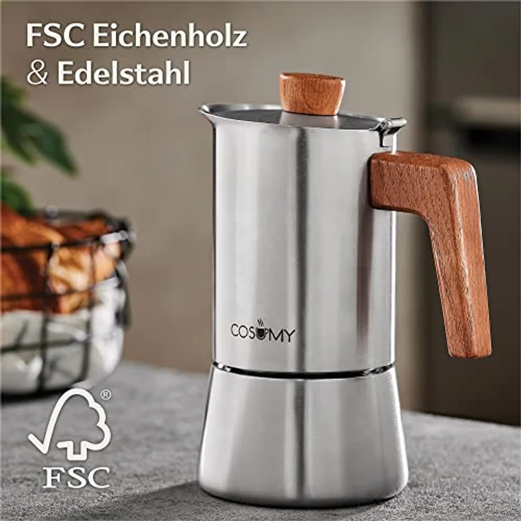 Cosumy Espressokocher, Induktionsgeeignet, aus Edelstahl und FSC-zertifiziertem Eichenholz, 300 ml Fassungsvermögen – Bild 3