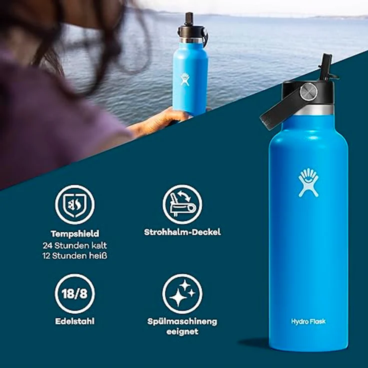HYDRO FLASK - Trinkflasche 621ml (21oz) mit Strohdeckel - Vakuumisolierte, Wiederverwendbare Flasche aus Edelstahl - Auslaufsicherer Deckel - Heiß & Kalt - Kleine Öffnung - Indigo – Bild 2