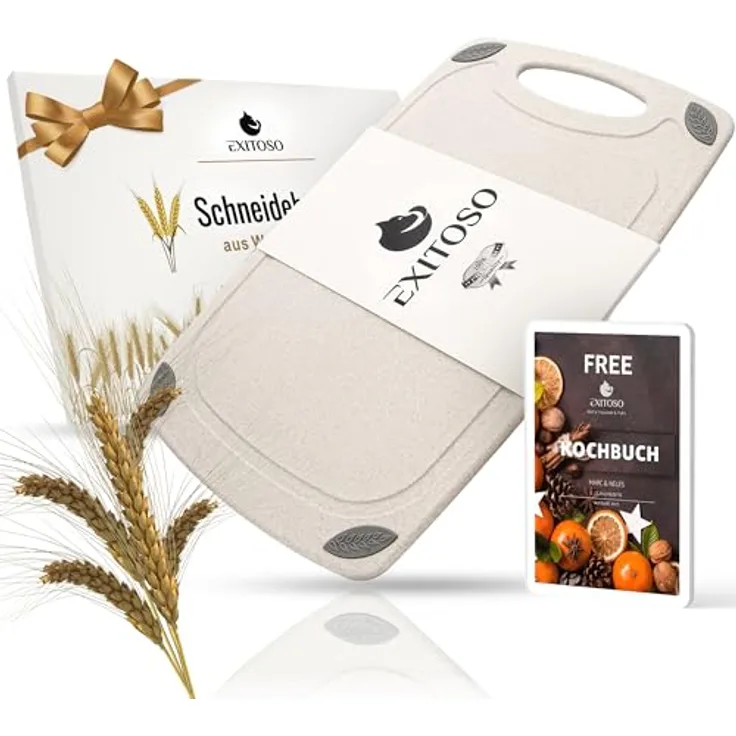 Exitoso® Das Original Schneidebrett aus Weizenstroh, Saftrille und Griff, Frankfurter Brett, Spülmaschinenfest und antibakteriell Brotbrettchen, Nachhaltiges Schneidbrett 32x20