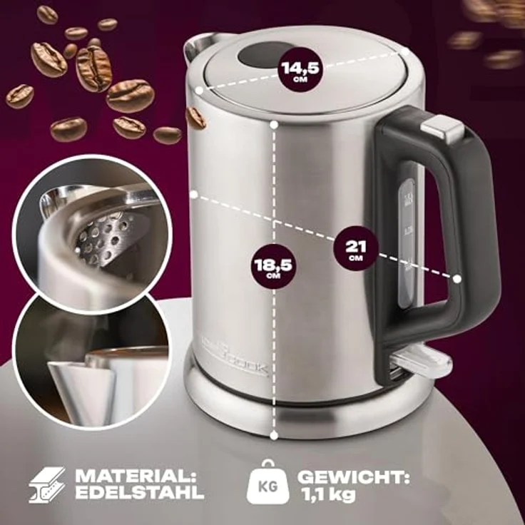 ProfiCook PC-WKS 1106 Edelstahl-Wasserkocher, 1 Liter, maximal 1850-2200 Watt, Wasserstandsanzeige, inox – Bild 5