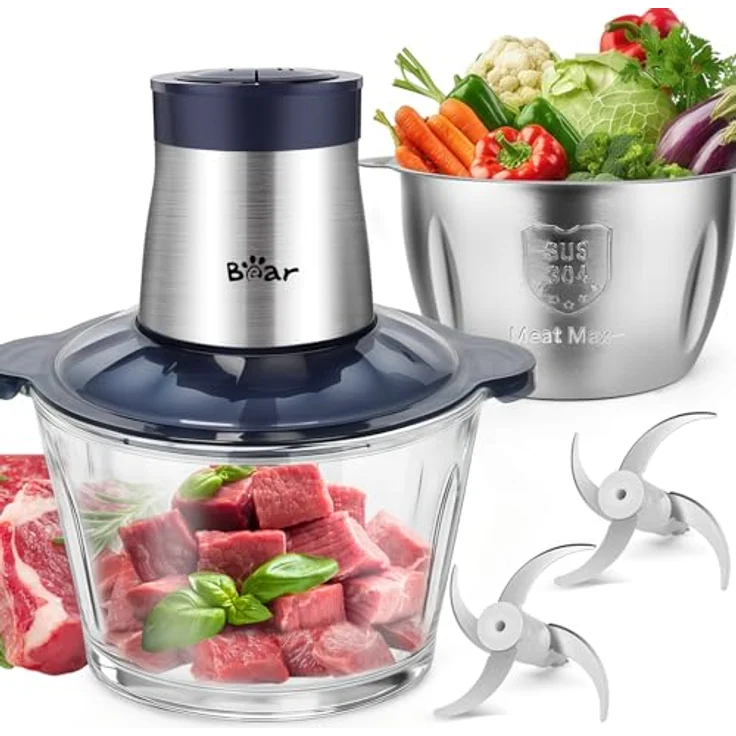 Bear 2L+1.8L Elektrischer Fleischwolf und Zerkleinerer, Glas und Edelstahl, 600W, 2 Geschwindigkeiten, 4 Edelstahlklingen, ideal für Fleisch, Babynahrung, Obst und Gemüse: Tests, Infos & Preisvergleich