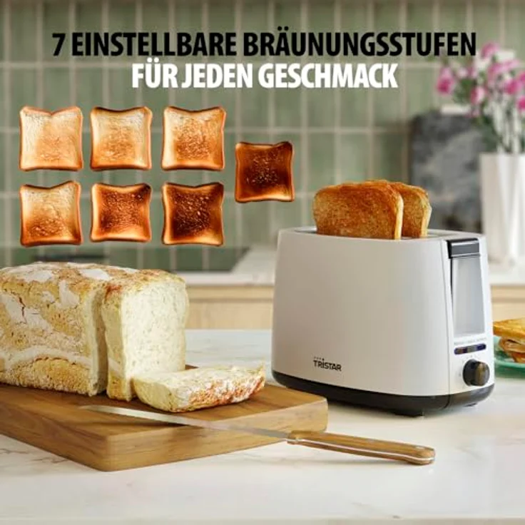 Tristar Toaster BR-1055, 2 Toastschlitze, 7 Bräunungsstufen, Brötchenaufsatz, Auftaufunktion, Liftfunktion, Zentrierfunktion, Abbruchfunktion, Weiß – Bild 4