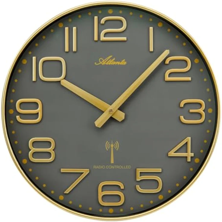 Atlanta Funkwanduhr, Goldfarben/Grau, DCF77 funkgesteuertes Quarzwerk, Durchmesser 35 cm, mattschwarzes Zifferblatt – Bild 2