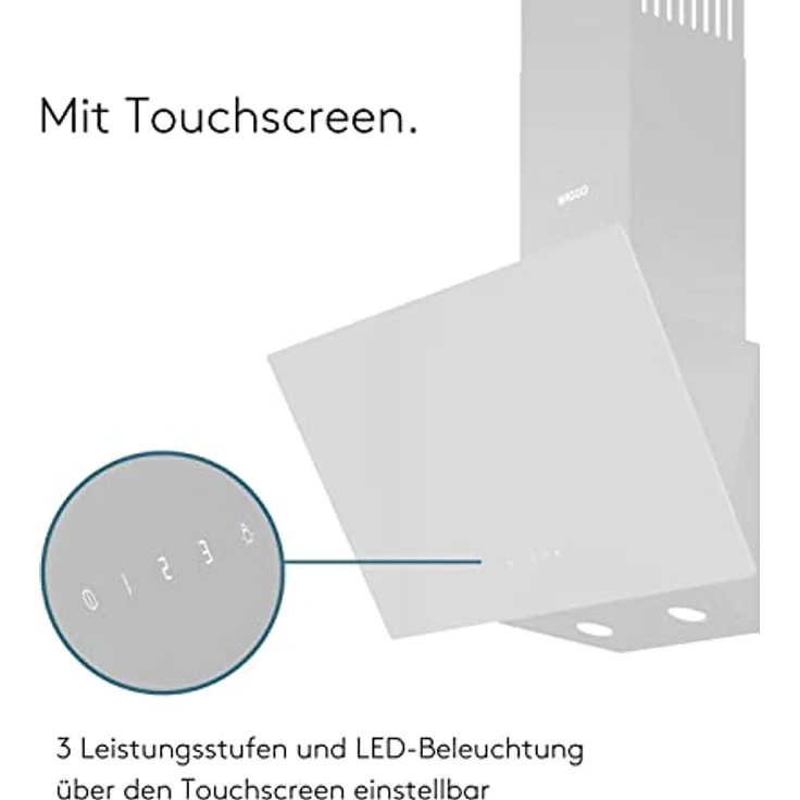 Wiggo Dunstabzugshaube 60cm kopffrei I Abluft Umluft Dunstabzug 650m³/h - Touch-Display 4 Stufen I Energieeffizienzklasse A Schräghaube inkl. Fettfilter & 2x Kohlefilter I Abzugshaube Glasfront weiß – Bild 4