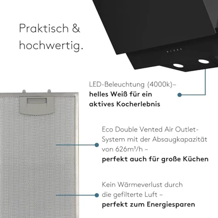 Wiggo A642 Dunstabzugshaube 60cm kopffrei I Abluft Umluft Dunstabzug 626m³/h - Touch-Display 4 Stufen I Energieeffizienzklasse A Schräghaube inkl. 2x Kohlefilter I Abzugshaube Glasfront schwarz – Bild 3