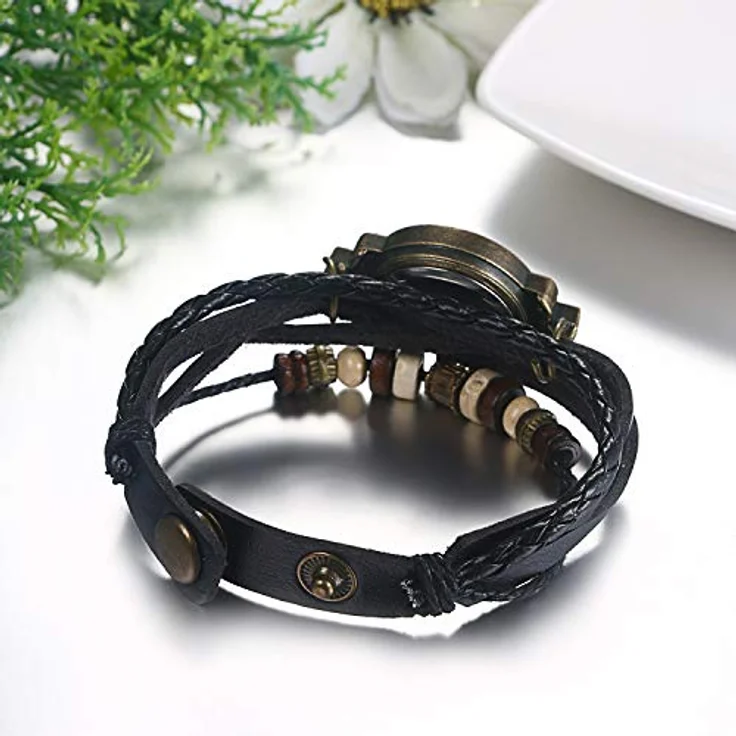 JewelryWe Damen Armbanduhr, Retro geflochtenes Lederarmband mit Baum Blatt Anhänger, Schwarz, Quarzwerk und antikem Metallgehäuse – Bild 5
