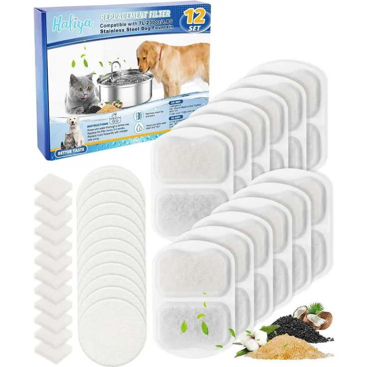 Ersatzfilter für Oneisall Trinkbrunnen, 12er Set mit 3-stufiger Filtration für Hunde & Katzen, inklusive Aktivkohle- und Vorfiltern