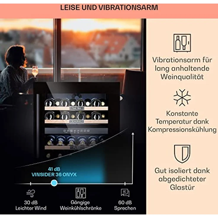 Klarstein Vinsider 36 Onyx Edition Weinkühlschrank, Einbau, Onys, 36 Flaschen, 2 Kühlzonen, 5 - 22 °C, Energieklasse G – Bild 4