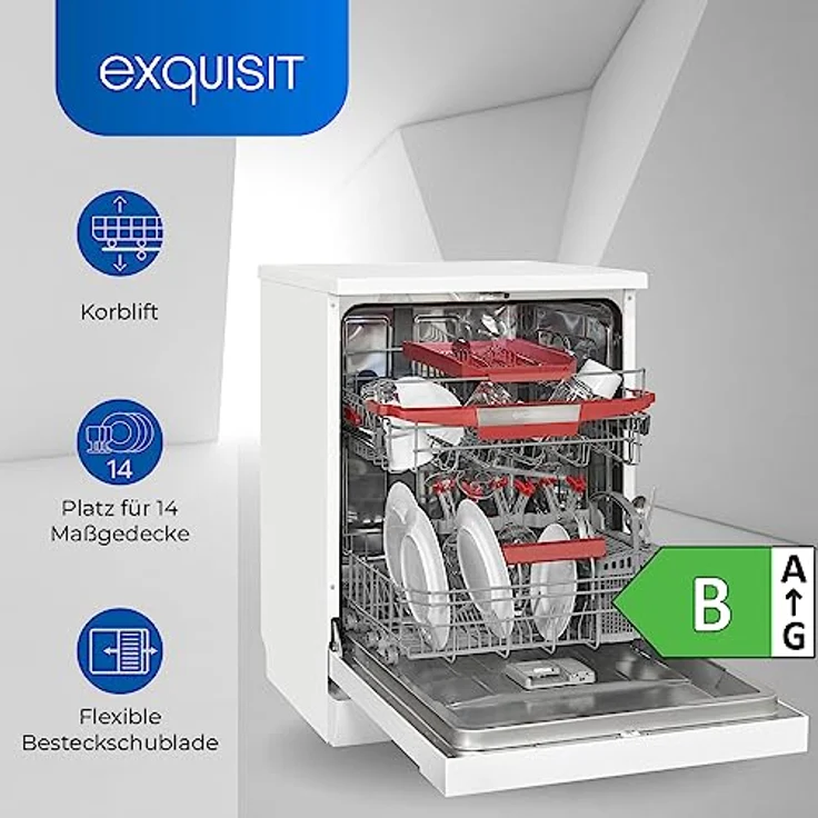 Exquisit Geschirrspüler GSP9614-030B weiss | Spülmaschine freistehend 60cm | AquaStop | Auto-Door-Open | Geschirrspülmaschine flexible Besteckschublade – Bild 2