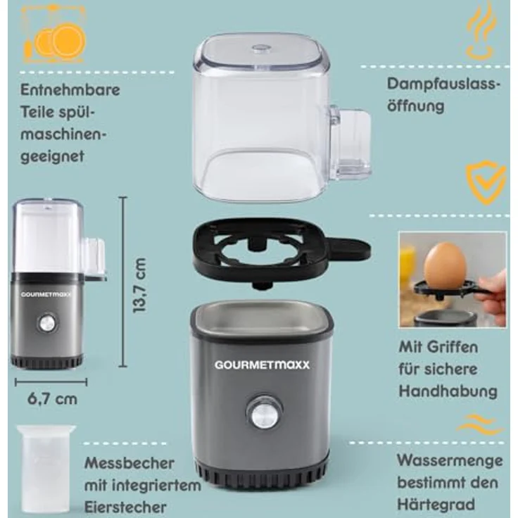 GOURMETmaxx Eierkocher für 1 Ei, Egg Boiler mit Eierstecher und Messbecher, 3 Härtegrade, kompakt und spülmaschinenfest, Anthrazit – Bild 2
