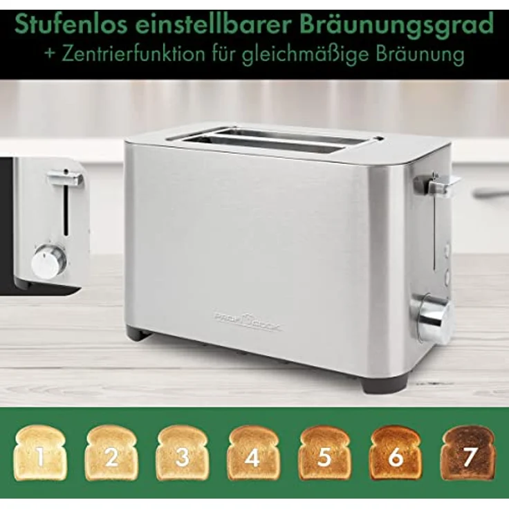 ProfiCook Toaster, Toaster 2 Scheiben, Auftau-, Aufwärm-/ Schnellstoppfunktion, Toaster mit Brötchenaufsatz, Toaster Edelstahl, PC-TA 1251 – Bild 2