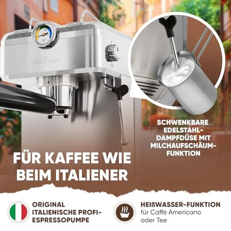 ProfiCook Espressomaschine PC ES 1267 | Profi-Espressopumpe 20 bar | für Kaffeepulver und Nespresso kompatible Kapseln | Siebträger | Edelstahldampfdüse | inkl. Zubehör, Silber – Bild 4