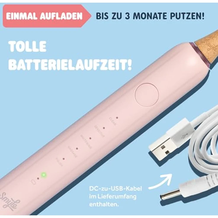 Smyle Schallzahnbürste mit Sensor, 3 Monate Akkulaufzeit, intelligentem Timer, 5 Putzmodi und wasserdicht, Babyrosa – Bild 3