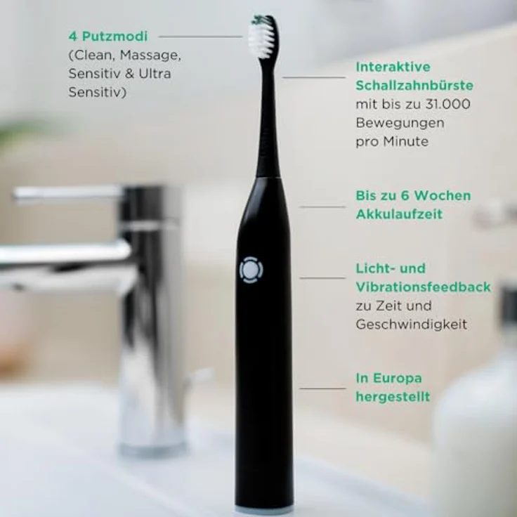 GUM Smart One elektrische Schallzahnbürste | 4 Putzmodi | Wiederaufladbarer Akku | inkl. 2 extra Bürstenköpfe und SOFT-PICKS PRO Probe M | Schwarz – Bild 3