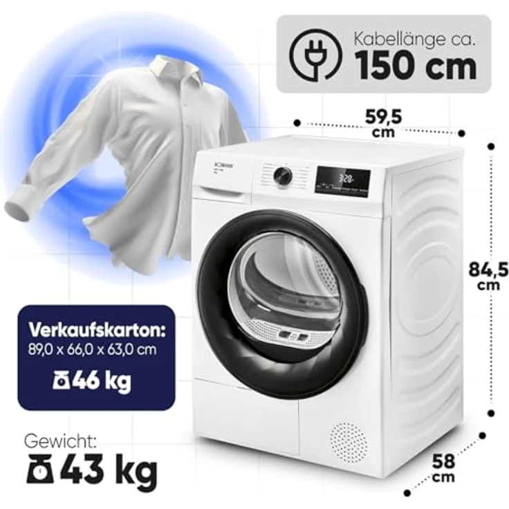 Bomann® WPT 7154 Wärmepumpentrockner 8kg, 15 Programme, Antiknitterfunktion, LED Display, kein Wasseranschluss nötig, weiß – Bild 7