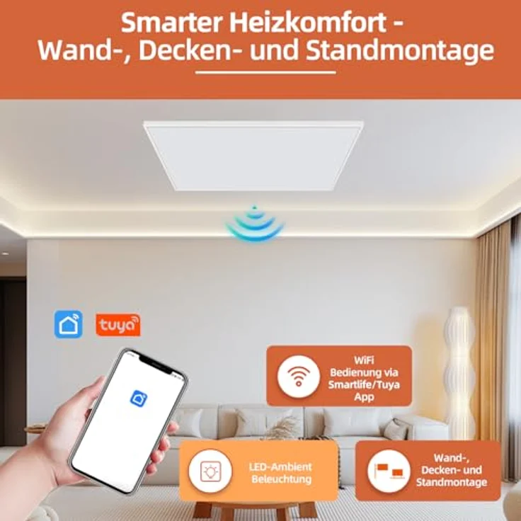 SHX Premium Infrarot Heizung mit WIFI 850W, 9-16 qm, Decken- oder Wandmontage, Standgerät, dimmbare Ambiente Beleuchtung, Fernbedienung, Fenstererkennung, LED Display, Carbon Crystal PET Oberfläche – Bild 4