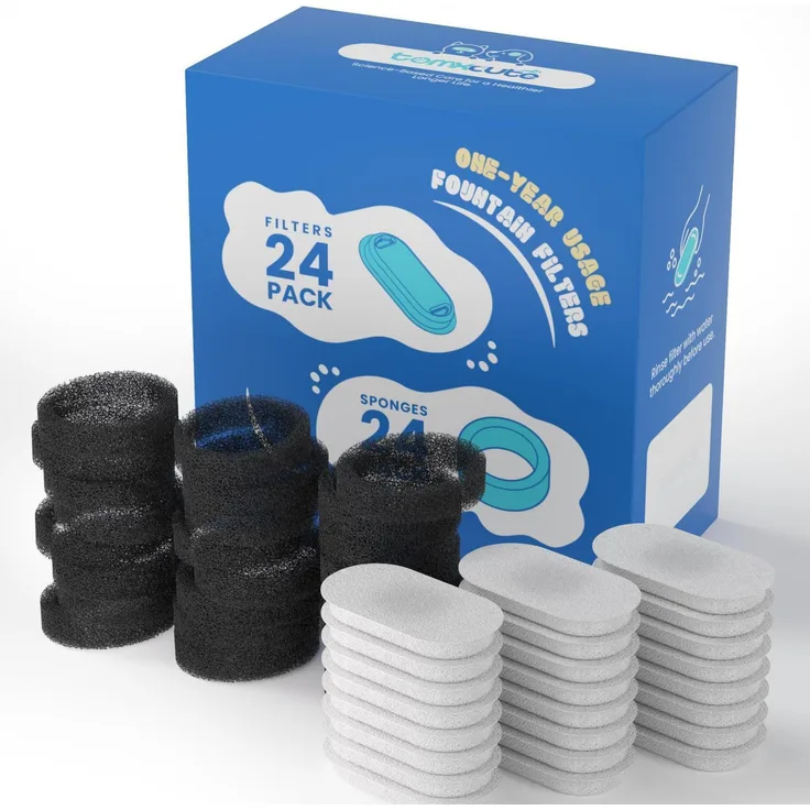 TOMXCUTE Ersatzfilter für Katzenbrunnen Edelstahl, 24 Kohlefilter + 24 Schaumfilter, 3-lagig, kompatibel mit BE-0004, PET-0004, PET-0007