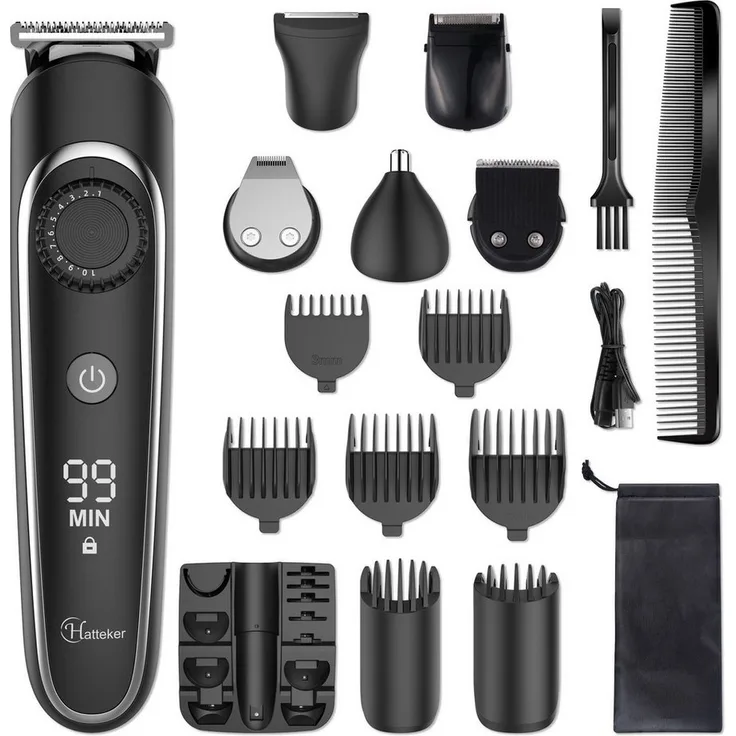 HATTEKER Bartschneider RFC-5916, Wasserdicht, 6 in 1, Akku/Netz, Schwarz