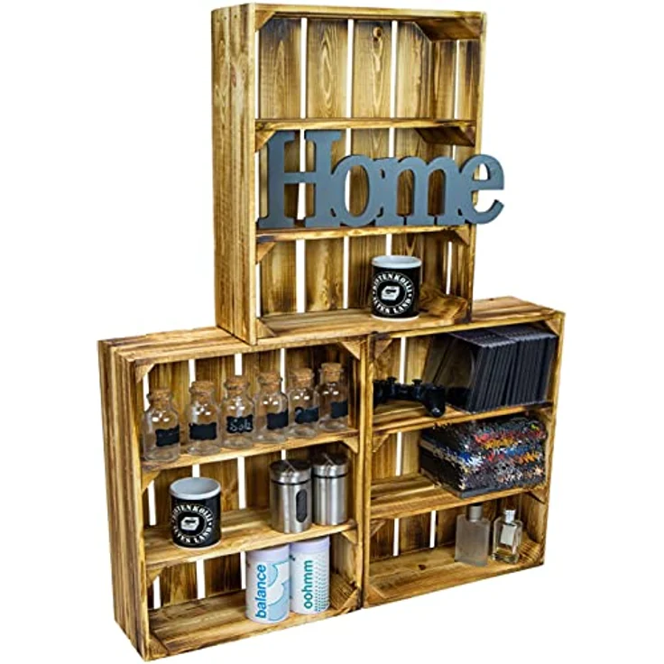 Kistenkolli Altes Land geflammte flache Obstkiste Wilma mit zwei Einlegeböden/Zwischenbrettern ca 50x40x16cm/ Regalkiste Gewürzregal Apfelkiste/Weinkiste (1er Set geflammt) - Ideales Gewürzregal aus Holz, bereits montiert, rustikaler Charme – Bild 3