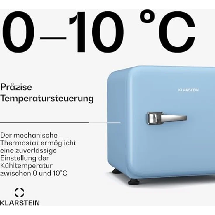 Klarstein Audrey Evo Mini Kühlschrank, 43 Liter, Retro-Design, leise (40 dB), reversible Tür, 49.5 cm hoch, blau – Bild 4