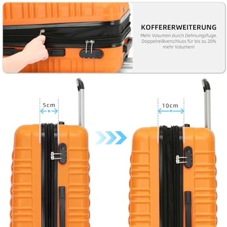 BEIBYE Hartschalen Koffer Trolley Kofferset, 3-teilig, orange, mit Zwillingsrollen und Sicherheitsschloss, erweiterbar – Bild 4