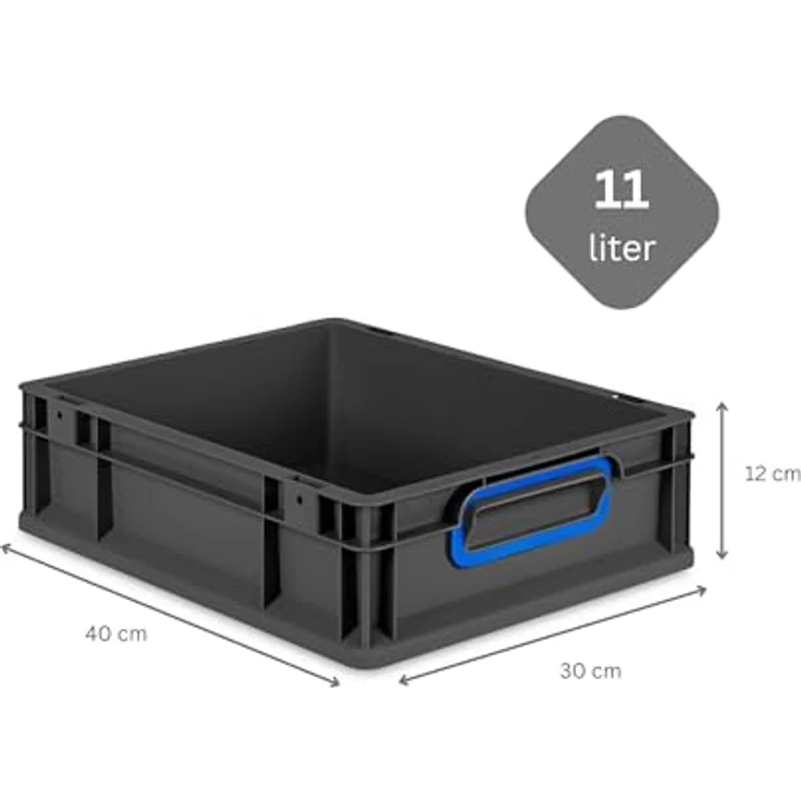 PROREGAL Eurobox NextGen Color, 10x Transportbehälter 11L, Schwarz mit blauen Griffen, HxBxT 12x30x40cm, inkl. Auflagedeckel & Schiebeschnappverschlüsse – Bild 3