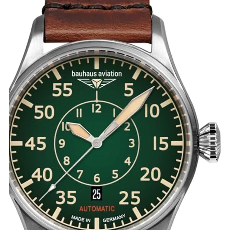 Bauhaus Herrenuhr Aviation CT-BHA Automatik Braun/Grün 2756-4, Lederarmband, grünes Zifferblatt und Edelstahlgehäuse – Bild 2