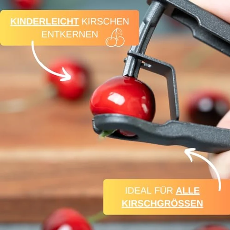 Thiru Premium Kirschenentkerner, Edelstahl mit robusten Klingen, Made in Germany, inkl. E-Book mit 25 Rezepten, zerdrückt die Frucht nicht – Bild 2