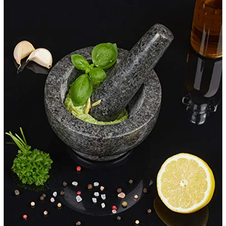 Relaxdays Granit Mörser mit Stößel, robust & langlebig, Gewürze, Kräuter, polierter Steinmörser, Ø 13 cm, 250 ml, grau – Bild 4