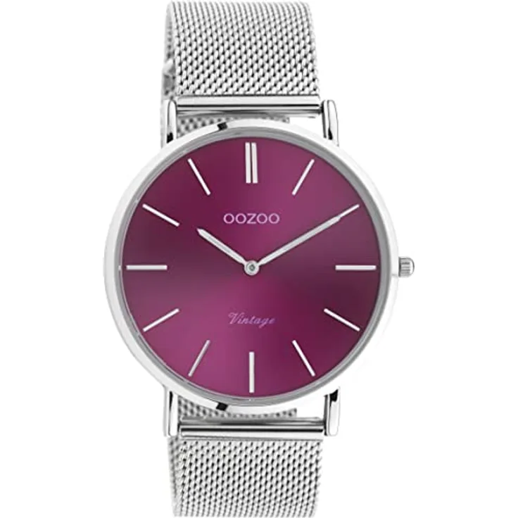 Oozoo Vintage Armbanduhr, 40 MM Analog-Damenuhr mit Fuchsia Ziffernblatt und silbernem Edelstahl Milanaiseband, C10870
