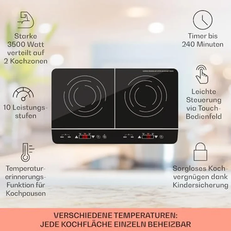 Klarstein Elektro Kochplatte Induktion, Induktionskochfeld mit 2 Platten Mobil, 3500W Induktions-Kochplatte für Camping & Zuhause, 2er Induktionsplatte Tragbar, Moderne Doppel Inductions-Kochplatte – Bild 2