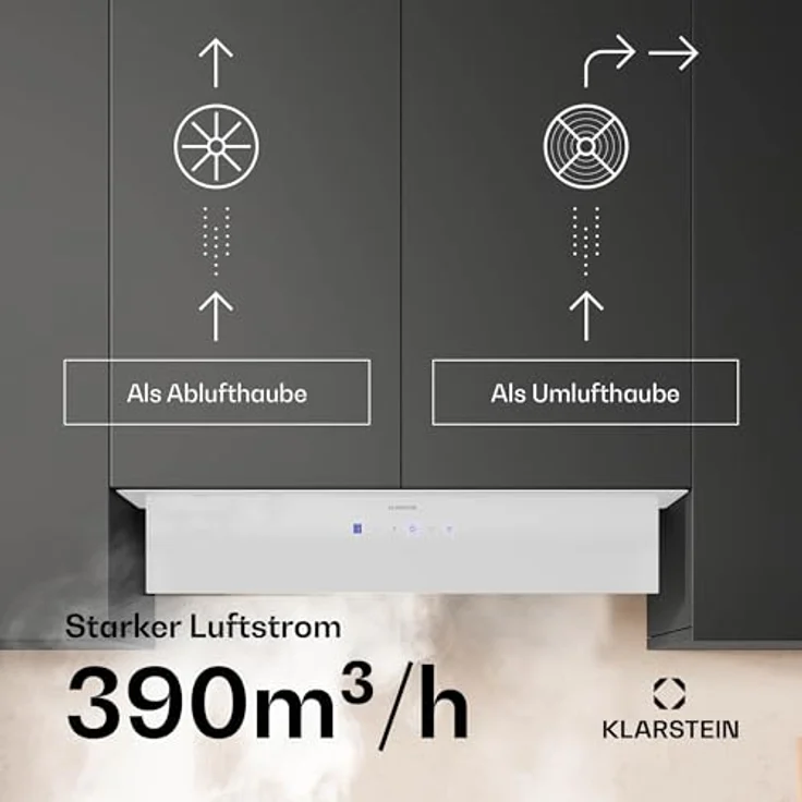 Klarstein Ventimate Unterbau-Dunstabzugshaube, 85cm, 390 m³/h, Energieeffizienz A+, leiser 50W DC-Motor, Touch-Bedienfeld, LED-Beleuchtung, Kohlefilter, weiß – Bild 4