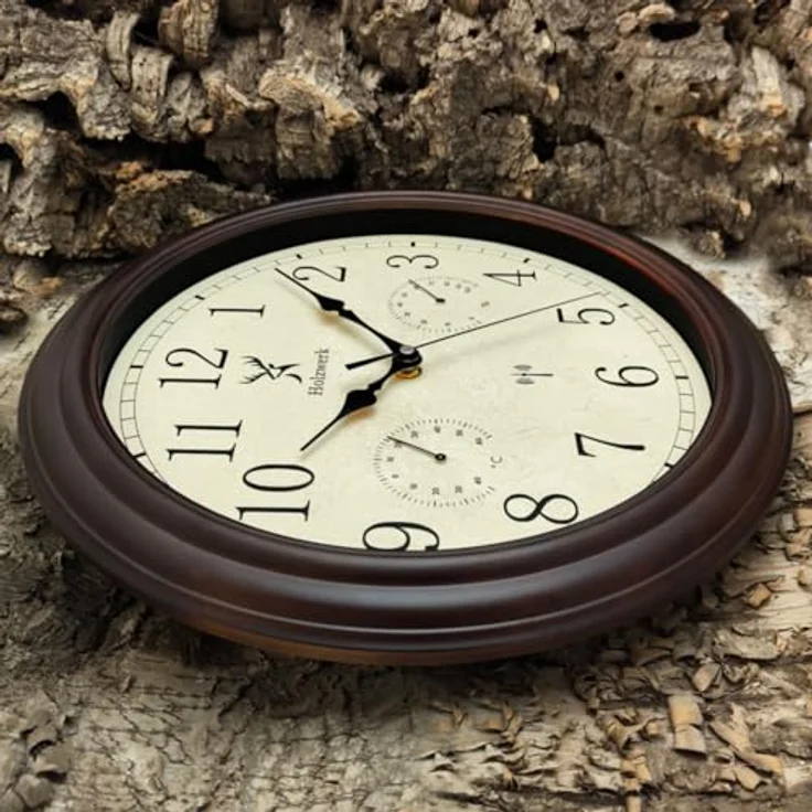 Holzwerk Germany HORNBERG Vintage Retro Funkwanduhr, Holz mit Temperaturanzeige & Hygrometer, nahezu lautlos, 14 Zoll (35 cm), Braun – Bild 2