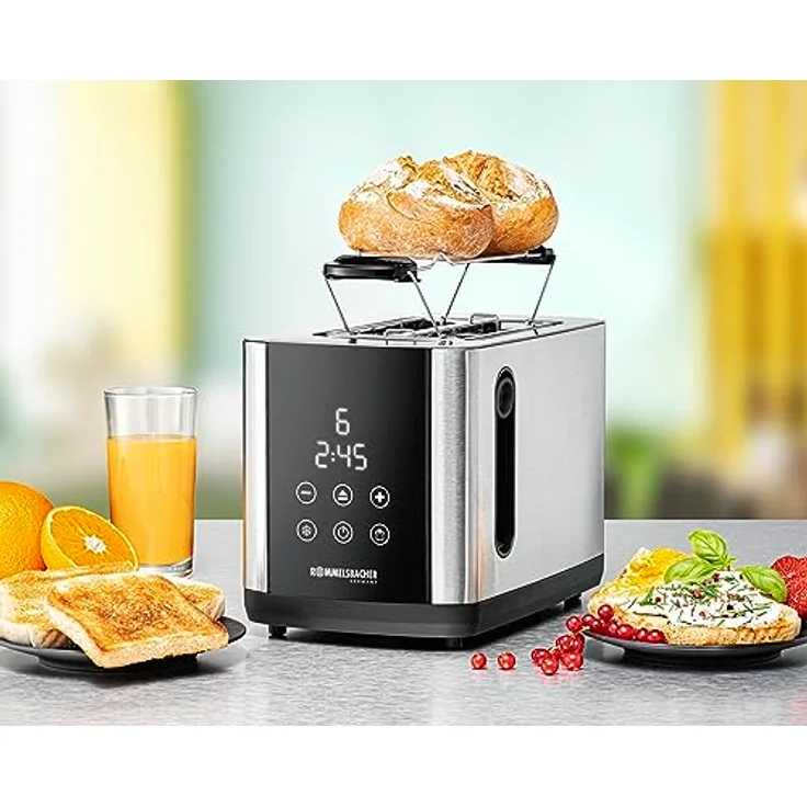 ROMMELSBACHER TOASTER TO 850-2 breite Schlitze für Brote bis XL Toast, automatische Brotscheibenzentrierung, LED-Display, Countdown-Anzeige, 9 Stufen, Auftaustufe, Brötchenaufsatz, Krümelschublade – Bild 2