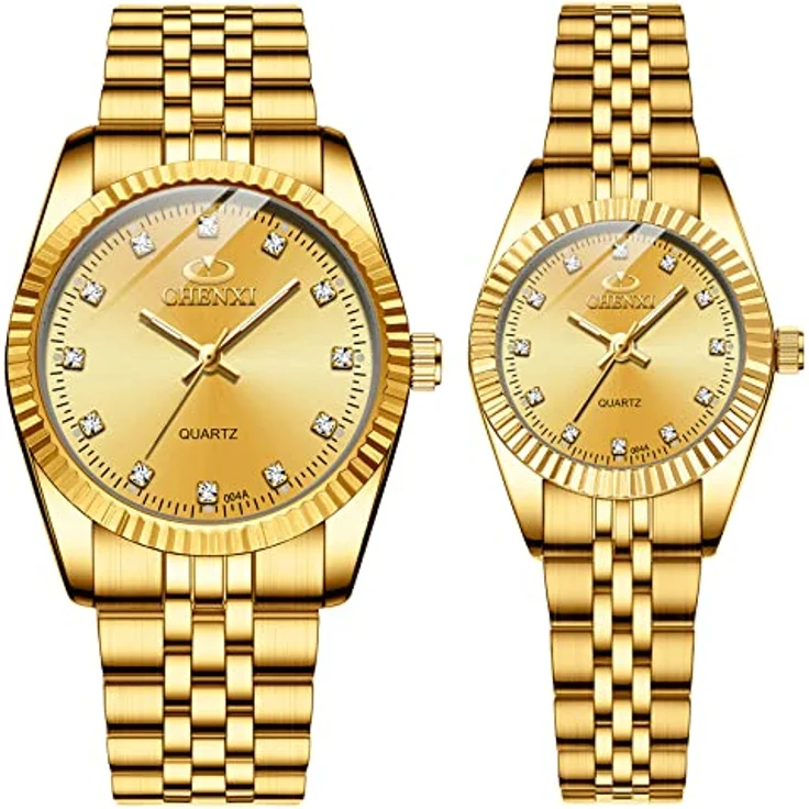 JewelryWe 2pcs Paar Uhren Quarz Analog Armbanduhr mit Beleuchtenden Zeigern und Strass, Edelstahl, Wasserdicht, Gold, Pärchen Geschenk für Herren und Damen – Bild 1