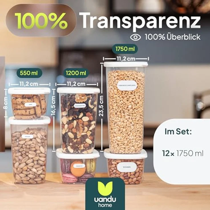 UANDU Vorratsdosen mit Deckel Luftdicht Set, BPA frei, Aufbewahrungsbox, Küchenorganizer, Vorratsbehälter Mehl Aufbewahrung Küche - 12x1750ml - Weiß – Bild 3