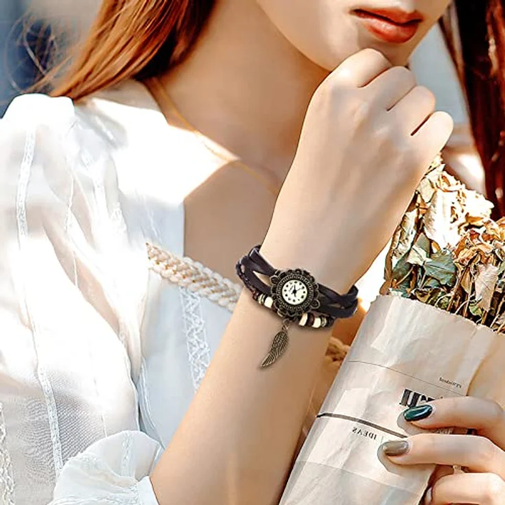 JewelryWe Retro Analog Quarz Armbanduhr für Damen, Braun mit geflochtenem Lederarmband und Engel Flügel Anhänger – Bild 2