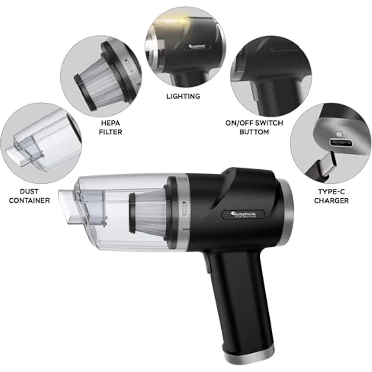TurboTronic By Z-LINE Akku Staubsauger 5KPA Handstaubsauger mit 47k RPM Gebläse kabellos 0,15 L beutellos Fugendüse für Auto Büro Haus (Schwarz) – Bild 3