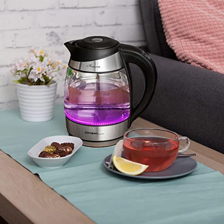 TZS First Austria 5405 Glas-Wasserkocher, 2200 Watt, 1,8 Liter, mit Temperaturwahl, Teefunktion, LED Beleuchtung, silber, schwarz – Bild 2