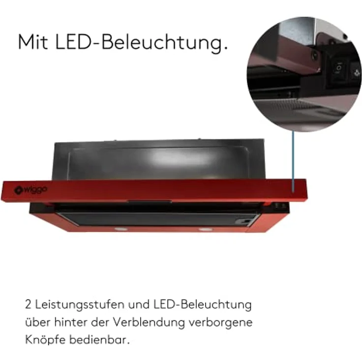 Wiggo Dunstabzugshaube 60cm WE-632R rot I Flachschirmhaube für Abluft oder Umluft Dunstabzug 300m³/h mit LED-Beleuchtung I Einbau-Dunstabzugshaube inkl. Fettfilter & 2× Kohlefilter – Bild 4