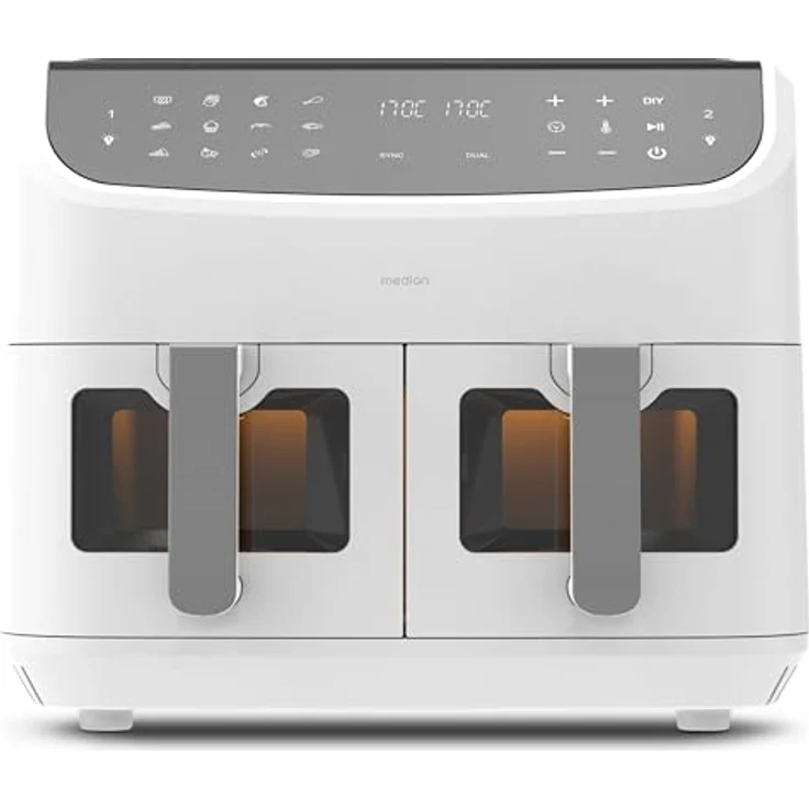 MEDION P20 XXL Heißluftfritteuse, 2 Kammern, 8,7 Liter, 2.600W, 9 Automatikprogramme, Dual Cook & Sync-Finish, Sichtfenster, matt – Bild 3