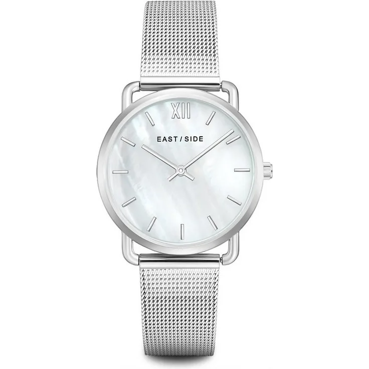 Eastside Quarzuhr Pearl Moon silber, mit Perlmutt - Damen Armbanduhr mit hochwertigem Perlmutt Zifferblatt, Quarz-Uhrwerk und Milanaise-Armband in silber