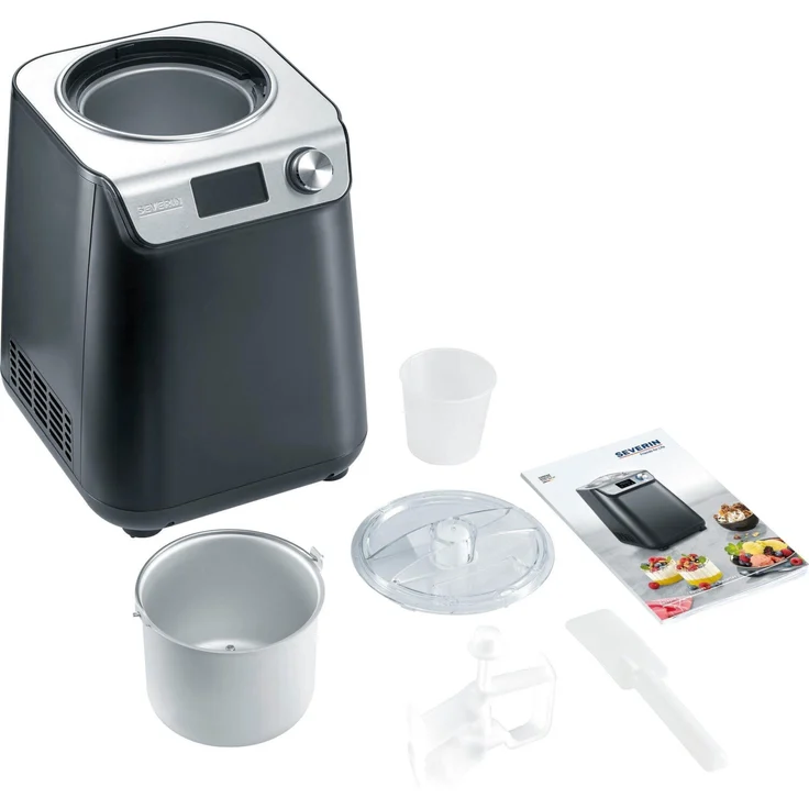 Severin EZ 7407 Kompakt-Eismaschine mit Kompressor, 1.2l Fassungsvermögen, hochwertiges Gehäuse Applikation, Innovative Joghurt-Funktion, 1,2L, silber, schwarz – Bild 3