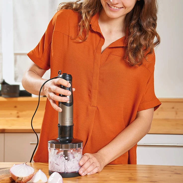 Black + Decker BXHBA1000E Stabmixer, 1000 W, Edelstahl, 20 Leistungsstufen, inkl. Mixbehälter, Schneebesen, Zerkleinerer-Aufsatz, grau – Bild 4
