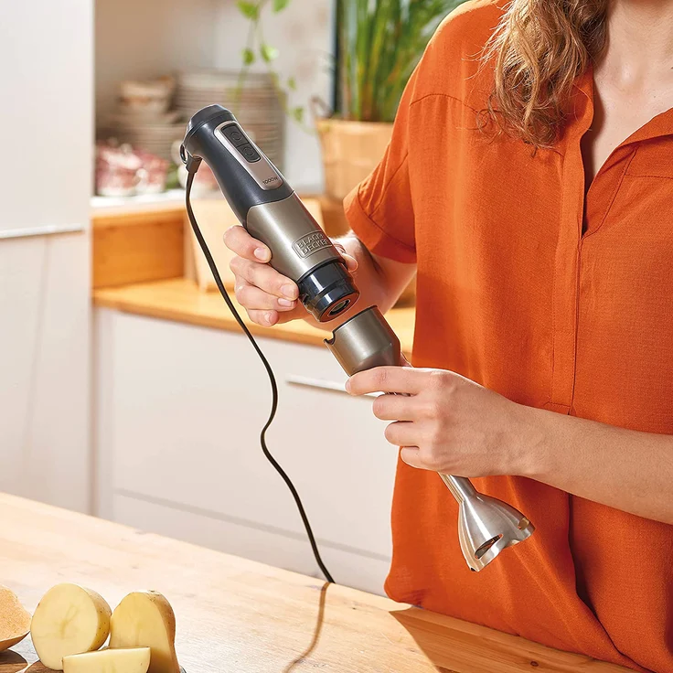 Black + Decker BXHBA1000E Stabmixer, 1000 W, Edelstahl, 20 Leistungsstufen, inkl. Mixbehälter, Schneebesen, Zerkleinerer-Aufsatz, grau – Bild 6