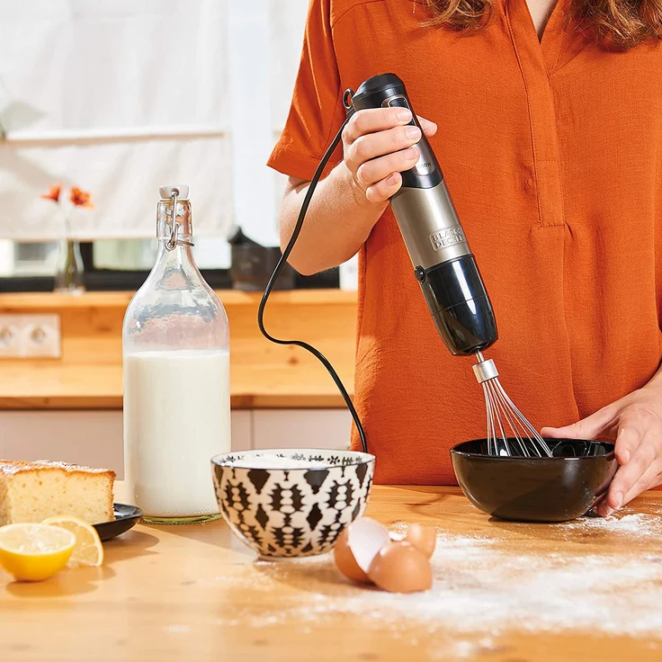 Black + Decker BXHBA1000E Stabmixer, 1000 W, Edelstahl, 20 Leistungsstufen, inkl. Mixbehälter, Schneebesen, Zerkleinerer-Aufsatz, grau – Bild 3